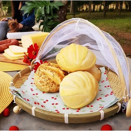 CestFresh - Cesto de Bamboo Com Cobertura de Tela Retrátil Protetor de Alimentos - Entrega Grátis